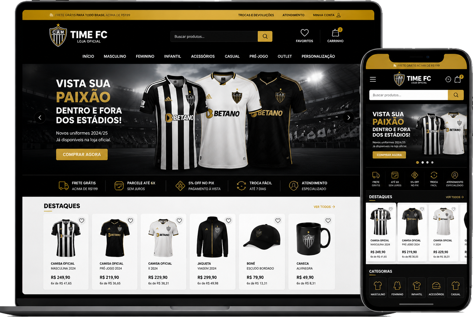 Loja esportiva no notebook e celular